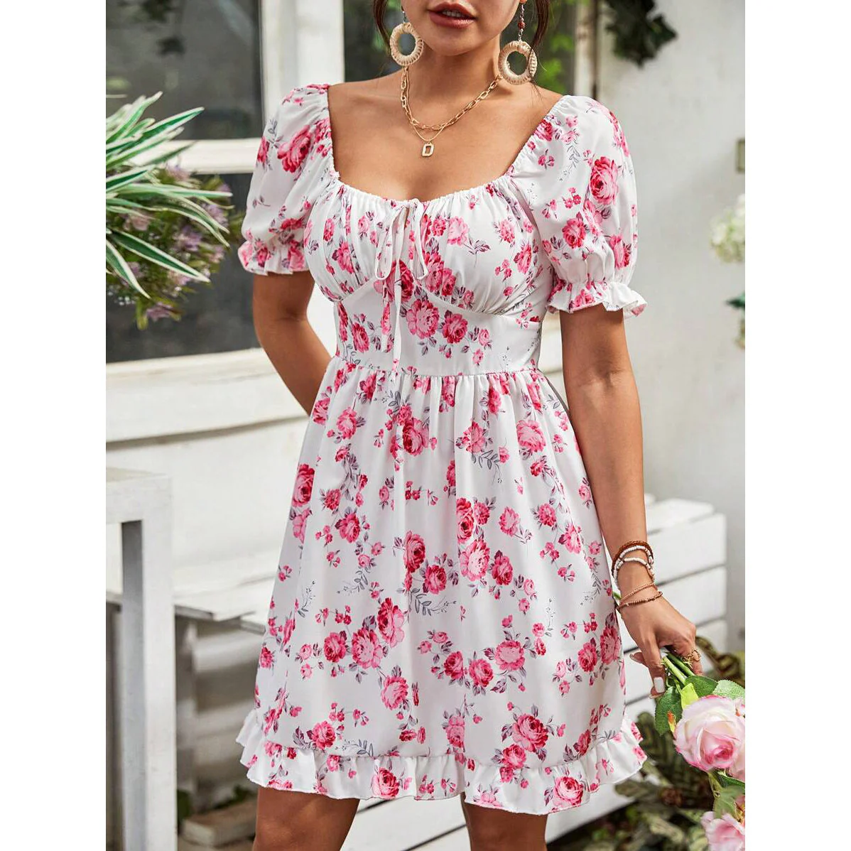 Tatiana® | Women'S Floral Basic Dress With Puff Sleeves And Adjustable Neckline - Image 4