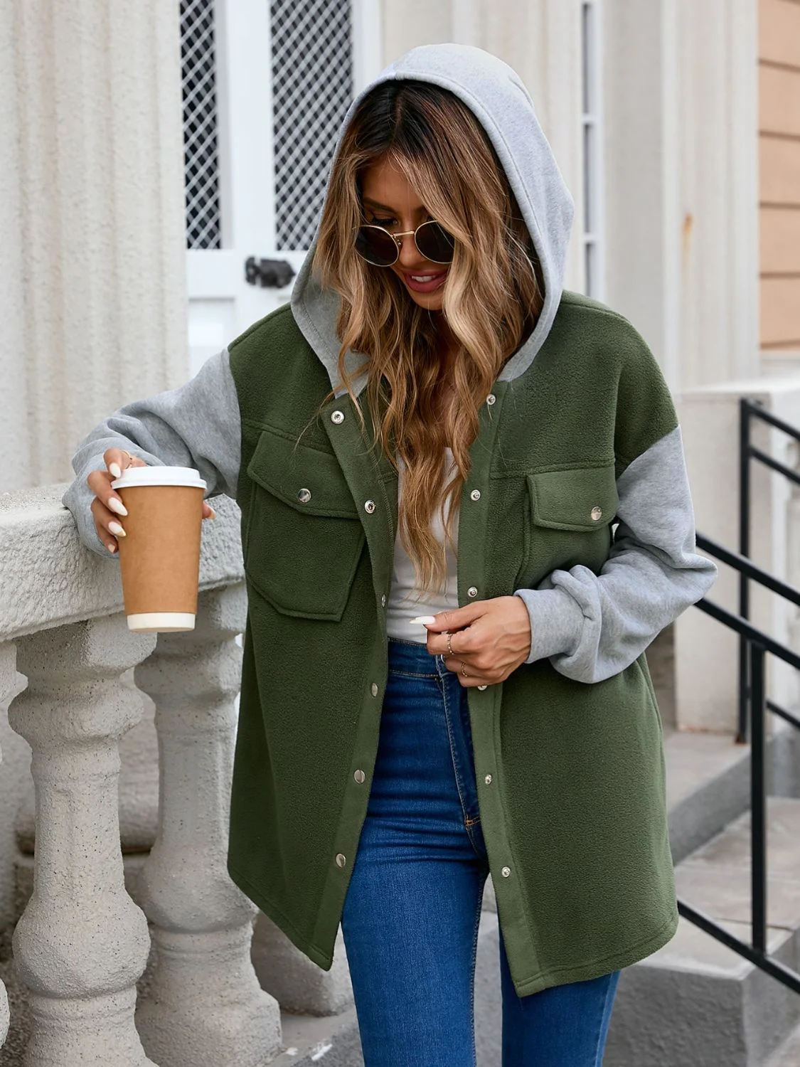Tatjana | Contrast colored hooded jacket with snap fasteners and pockets - Image 4