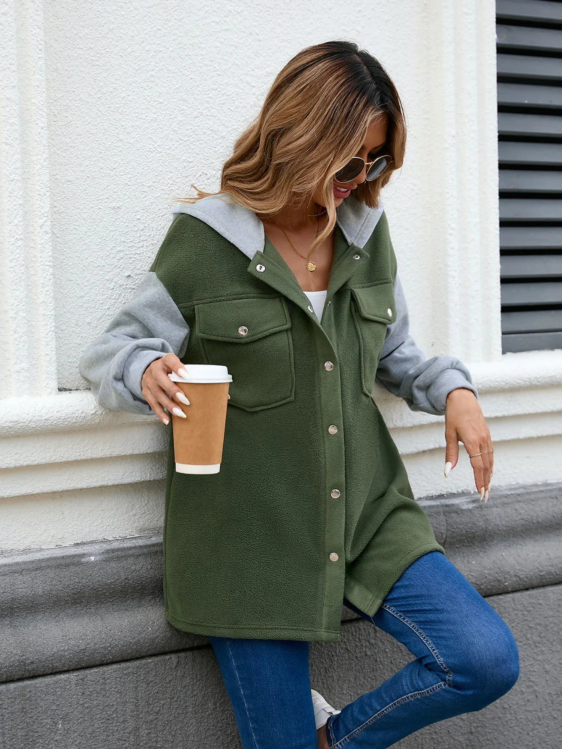 Tatjana | Contrast colored hooded jacket with snap fasteners and pockets - Image 5