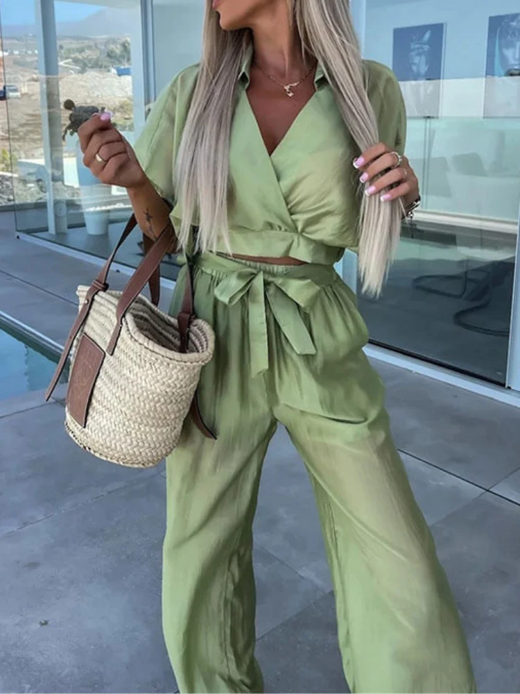 Tea® | Elegant V-Neck Top And Pants Set - Image 2