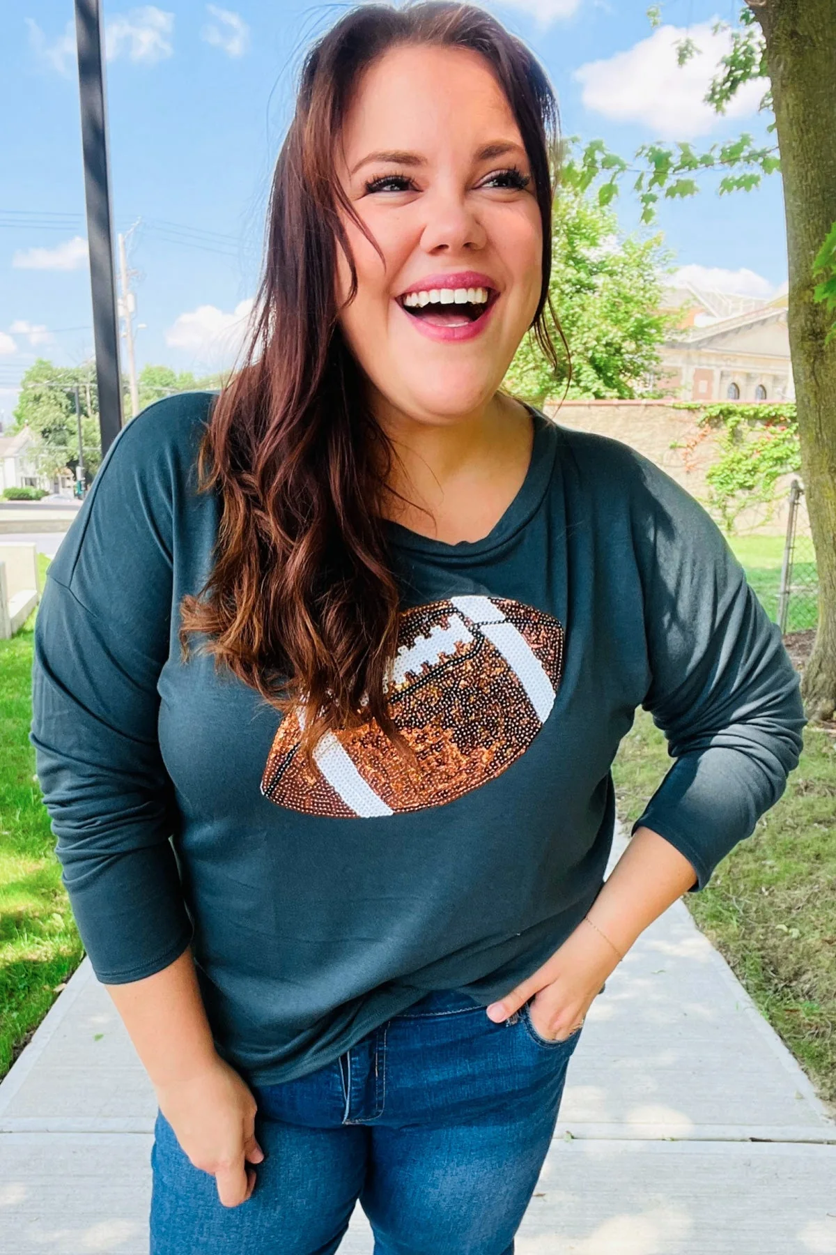 Tereza | Game Day Forest Green Sequin Terry Top with Football Patch
