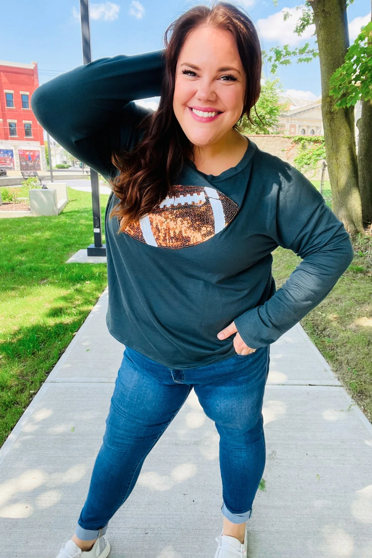 Tereza | Game Day Forest Green Sequin Terry Top with Football Patch - Image 7