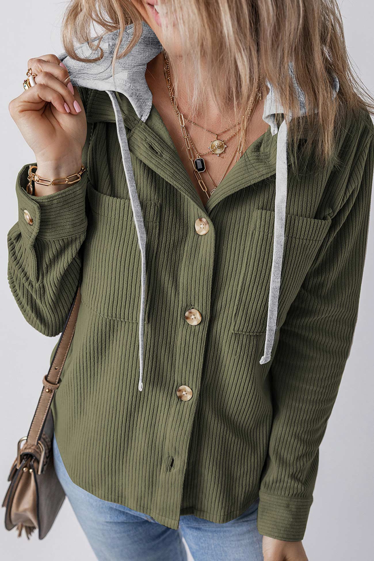 Ulla | Ribbed hooded jacket with button placket - Image 4