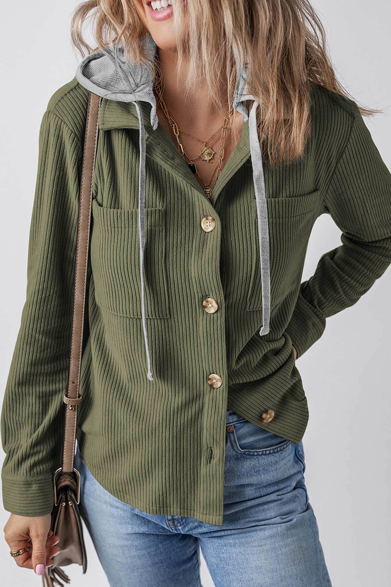 Ulla | Ribbed hooded jacket with button placket - Image 5
