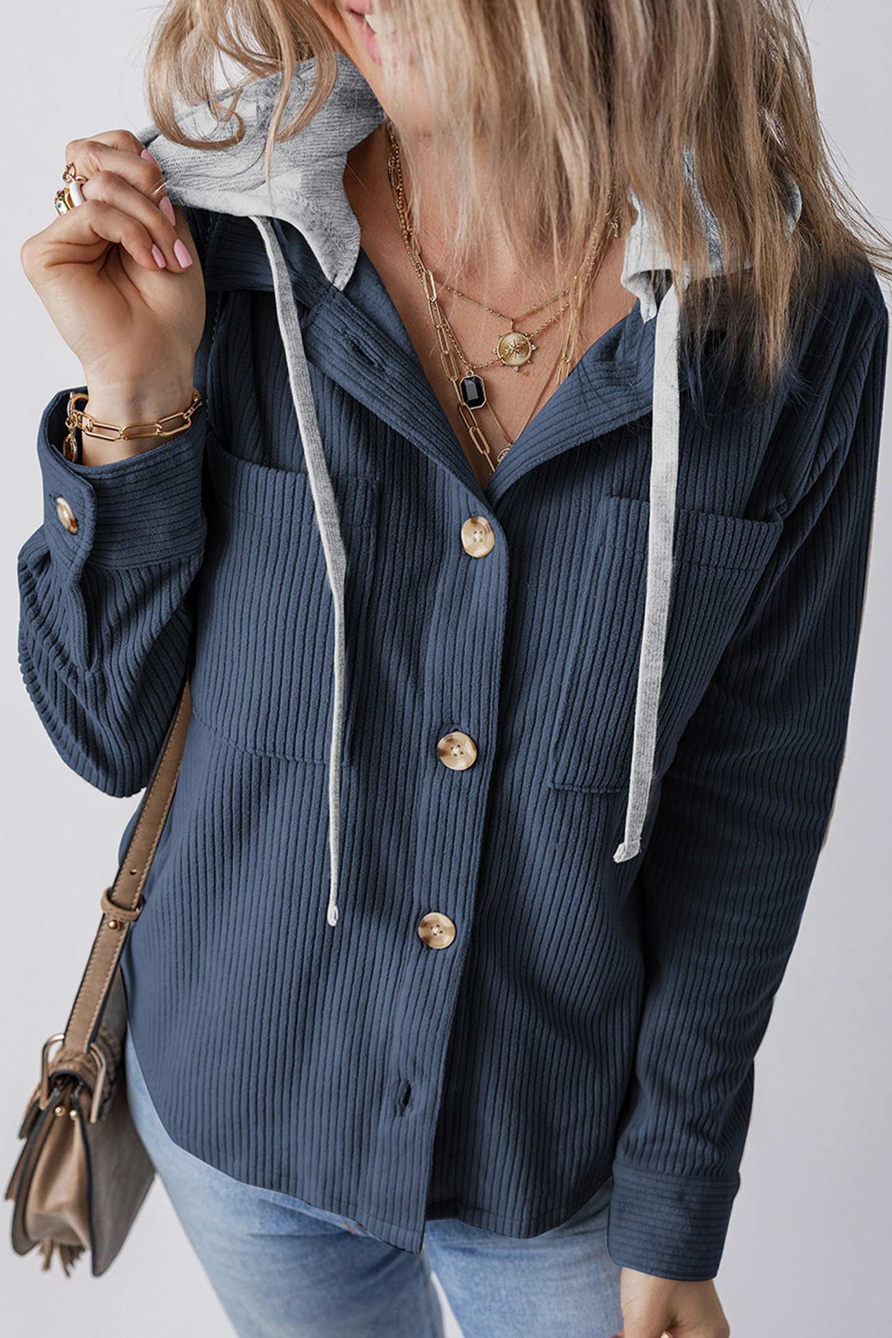 Ulla | Ribbed hooded jacket with button placket - Image 7