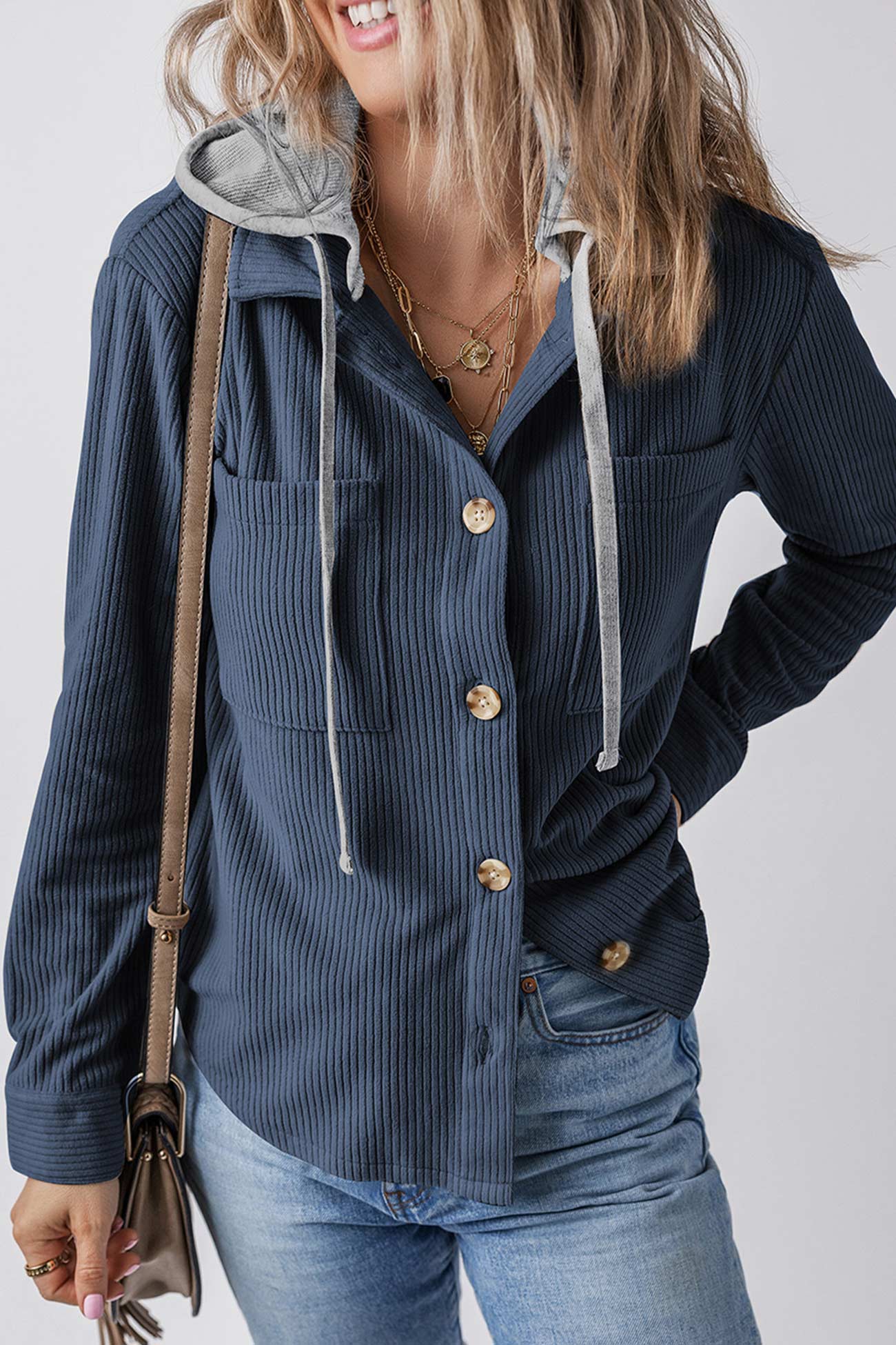 Ulla | Ribbed hooded jacket with button placket - Image 8