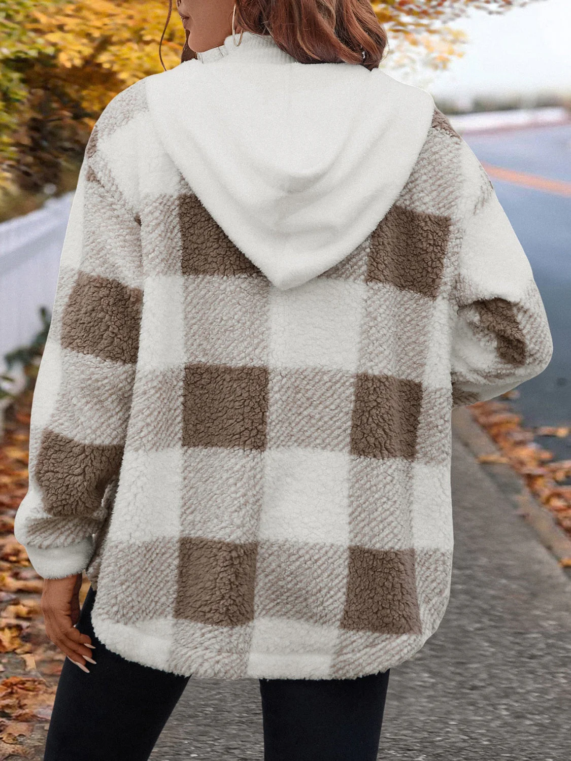 Ursula | Fluffy checked hooded jacket with buttons - Image 2