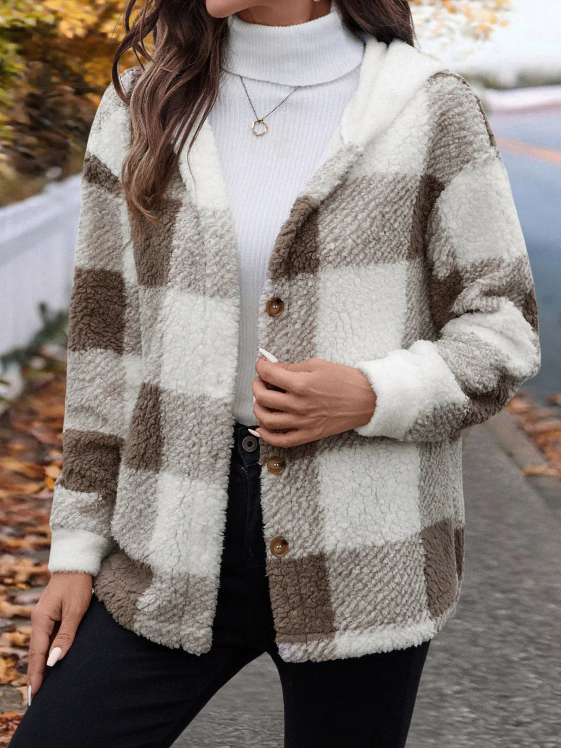 Ursula | Fluffy checked hooded jacket with buttons - Image 3