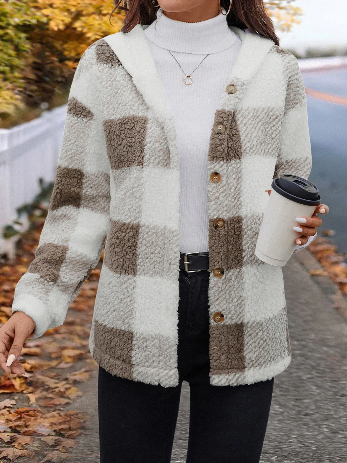 Ursula | Fluffy checked hooded jacket with buttons - Image 4