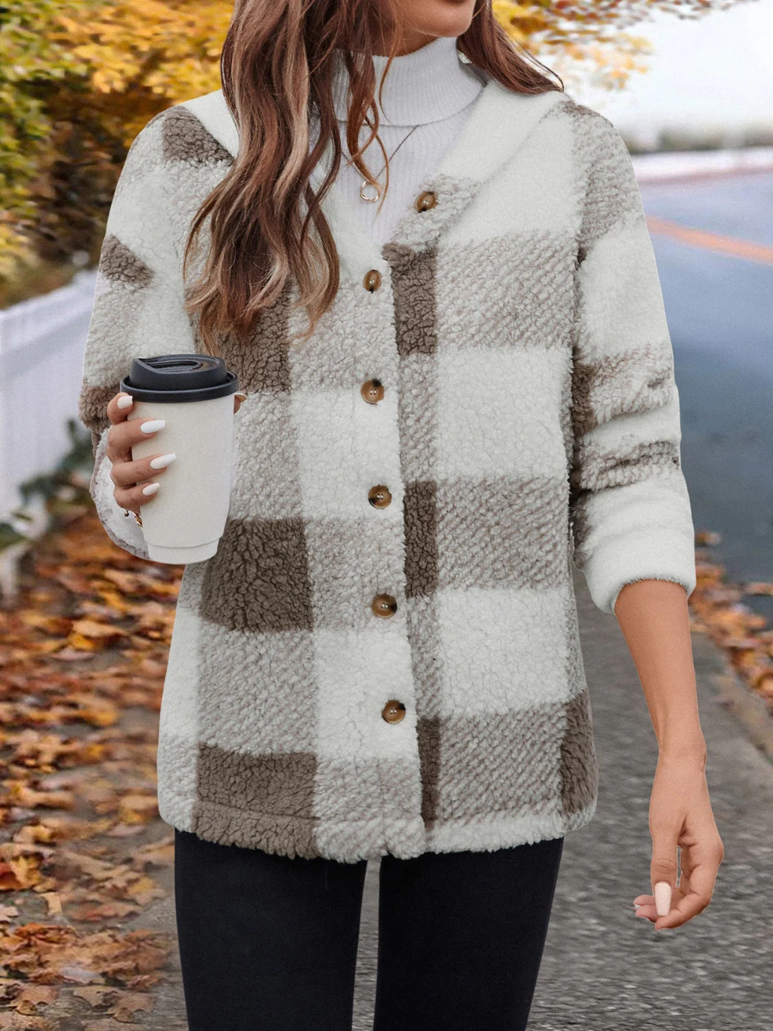 Ursula | Fluffy checked hooded jacket with buttons - Image 5