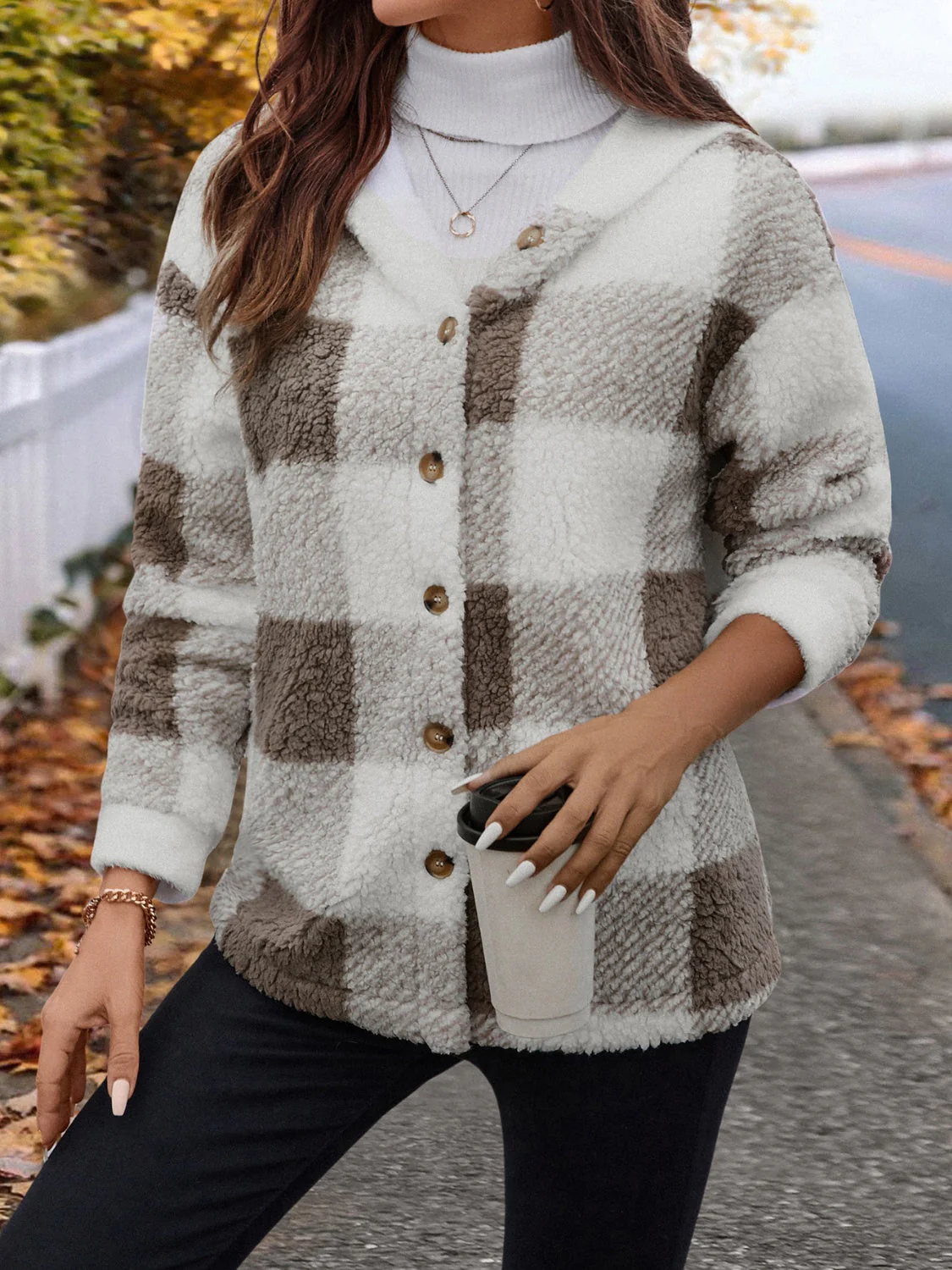 Ursula | Fluffy checked hooded jacket with buttons - Image 6