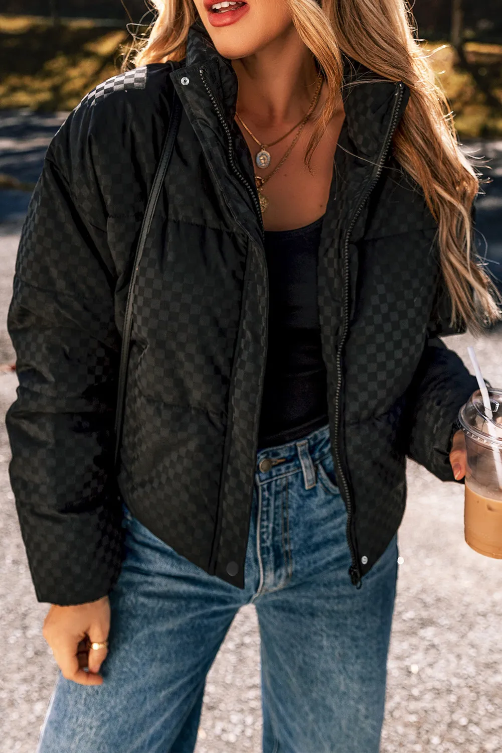 Valeria | Checked turtleneck winter coat with zip and long sleeves - Image 2