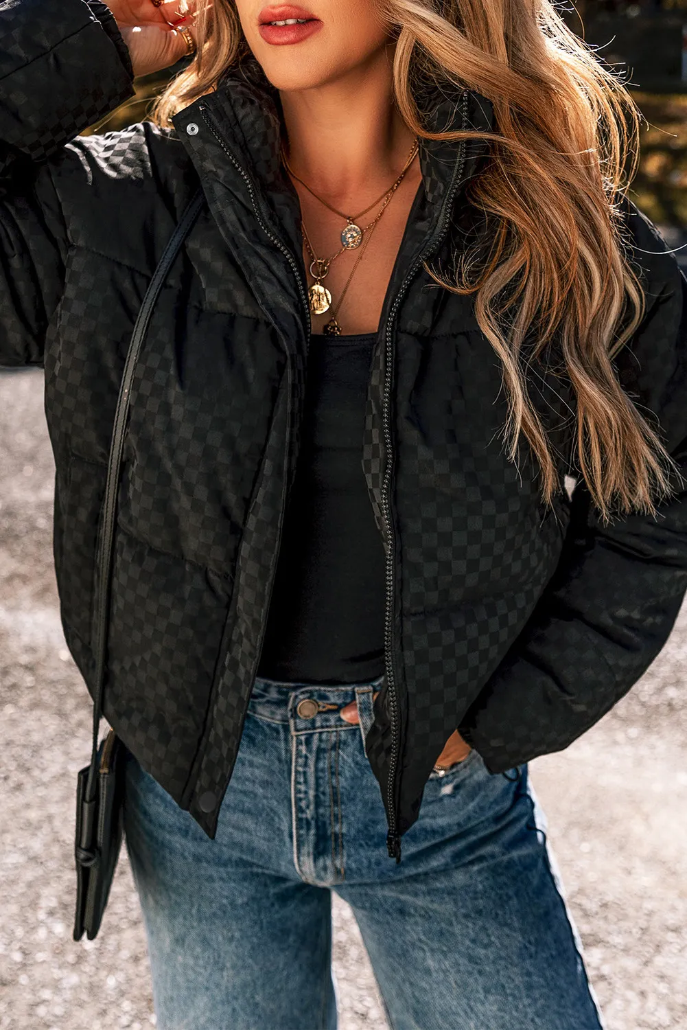 Valeria | Checked turtleneck winter coat with zip and long sleeves - Image 3