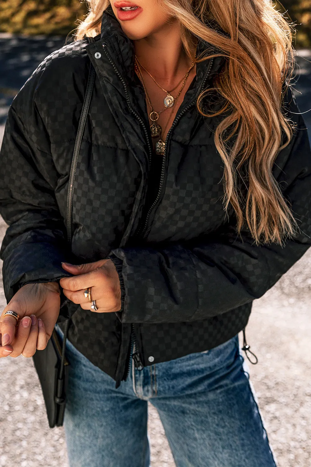 Valeria | Checked turtleneck winter coat with zip and long sleeves - Image 4