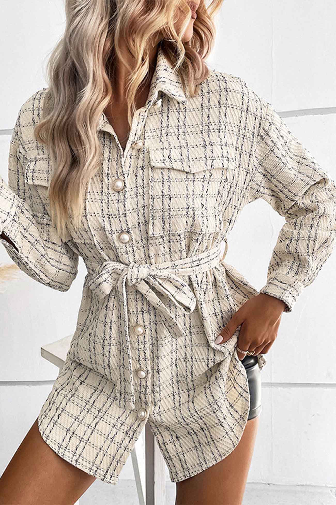 Vanessa | Checked belted jacket with button placket and pocket - Image 3