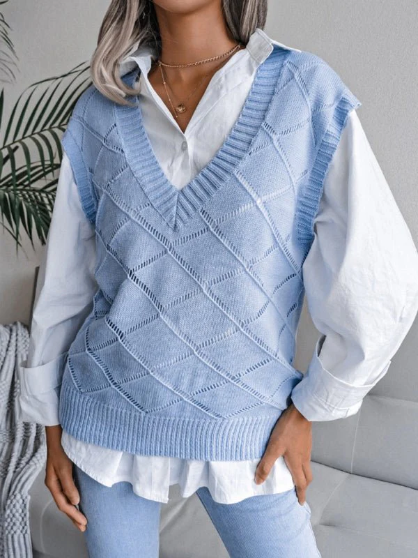 Vania® | Women'S V-Neck Hollow Diamond Casual Knitted Vest Sweater - Image 10