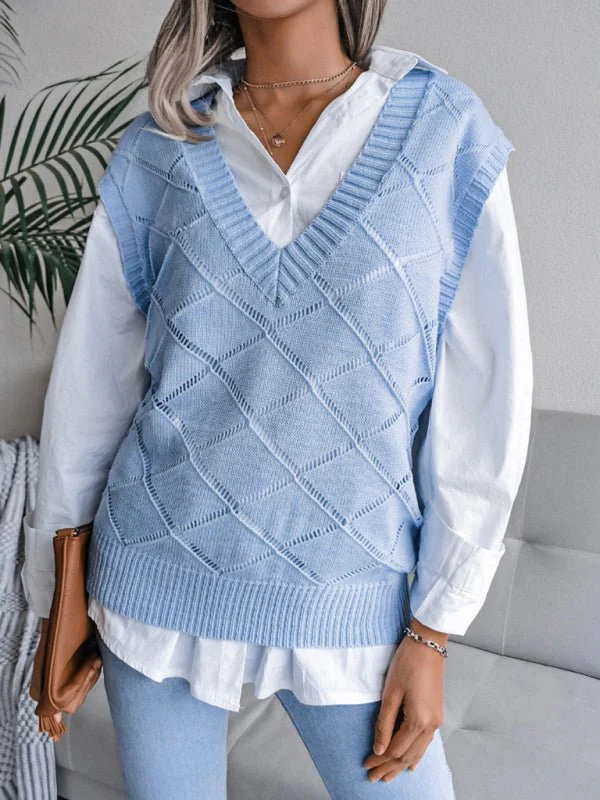 Vania® | Women'S V-Neck Hollow Diamond Casual Knitted Vest Sweater - Image 3