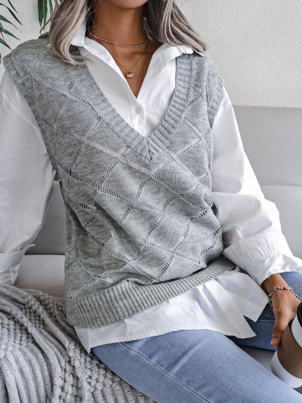 Vania® | Women'S V-Neck Hollow Diamond Casual Knitted Vest Sweater - Image 5