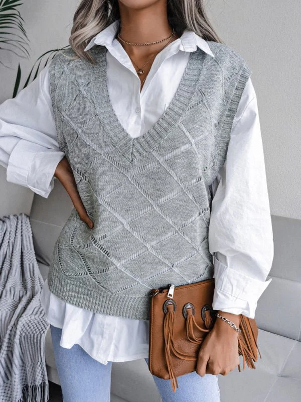 Vania® | Women'S V-Neck Hollow Diamond Casual Knitted Vest Sweater - Image 7