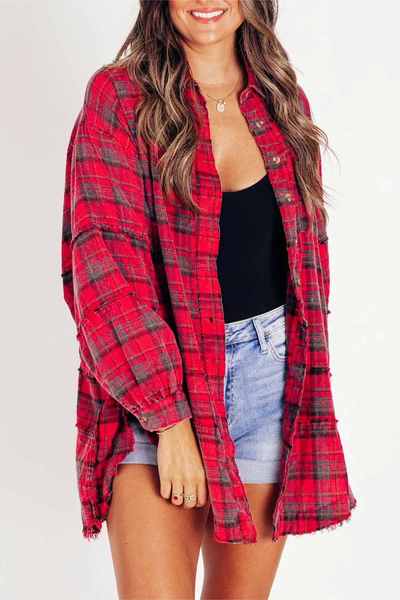 Vanja | Checked blouse with button placket, fringes and slit hem - Image 2