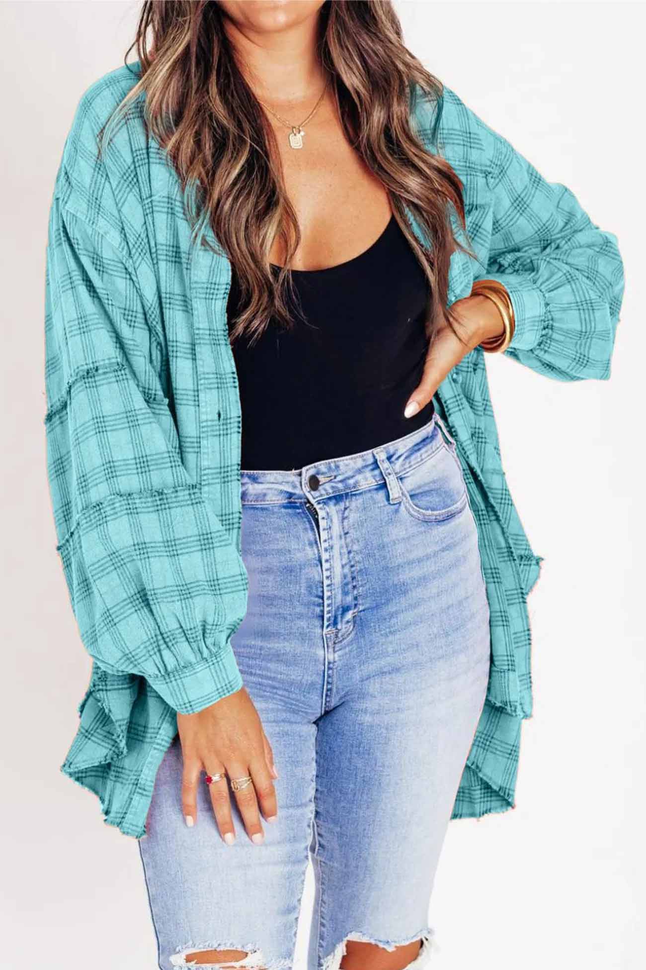 Vanja | Checked blouse with button placket, fringes and slit hem - Image 8