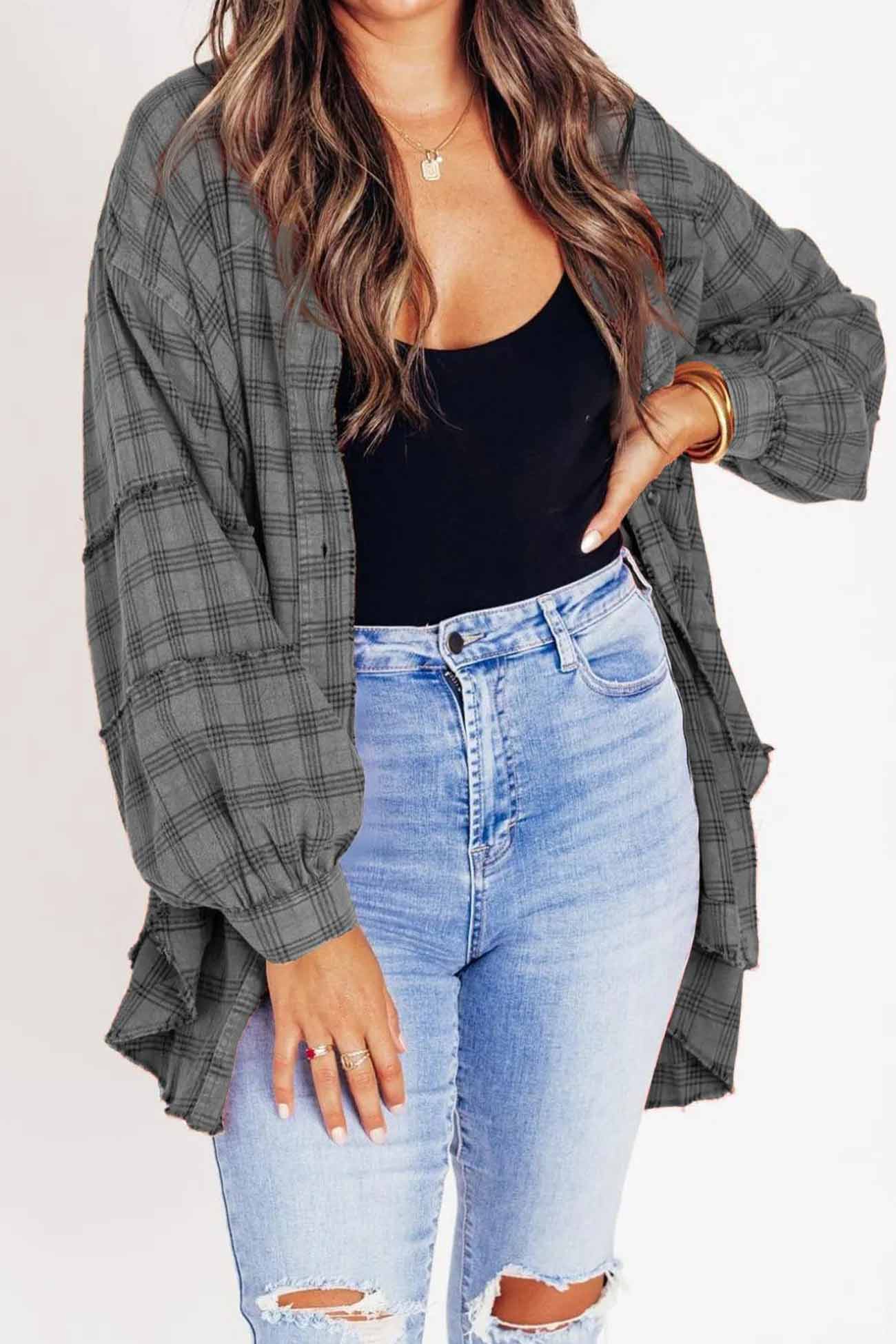 Vanja | Checked blouse with button placket, fringes and slit hem - Image 9
