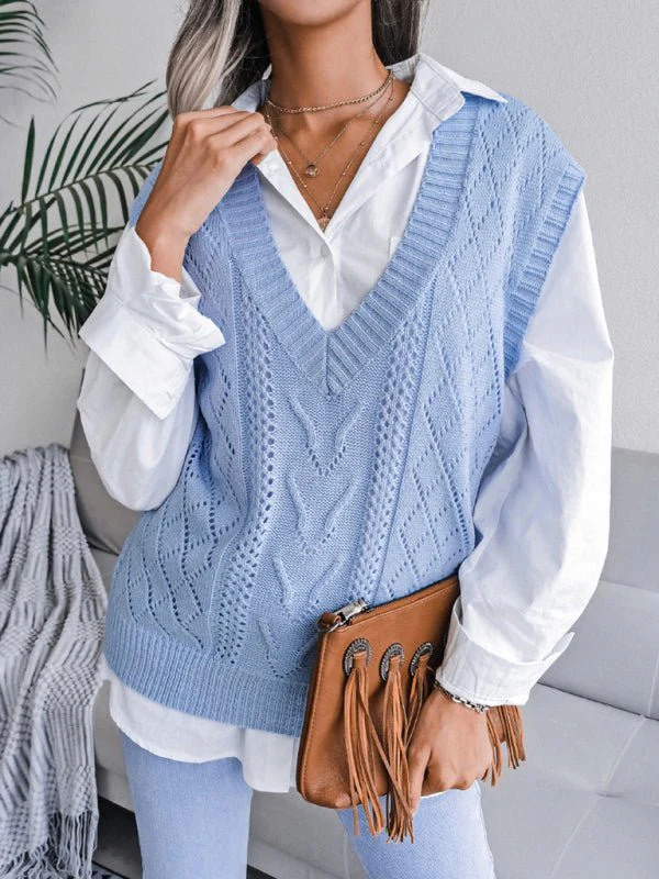Vega® | Women'S Knitted Sweater With Hollow Out Fried Dough And V-Neck - Image 4