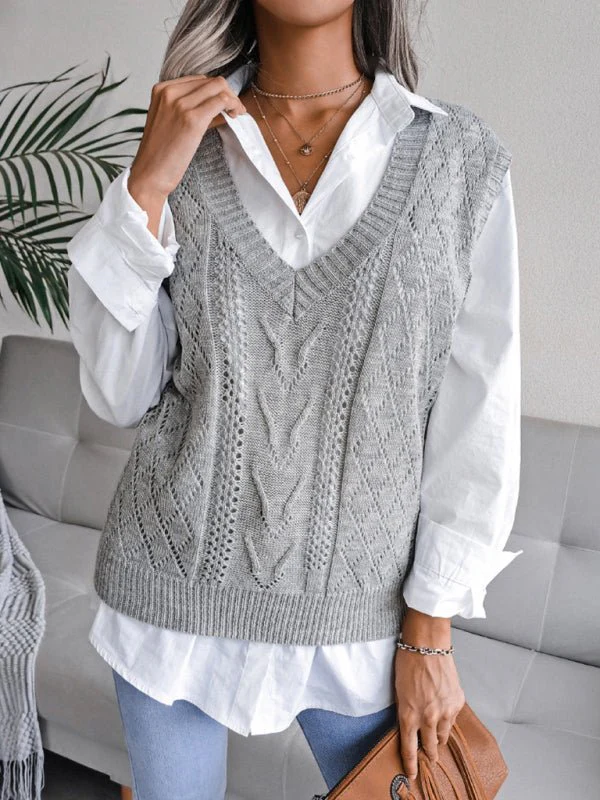 Vega® | Women'S Knitted Sweater With Hollow Out Fried Dough And V-Neck - Image 9
