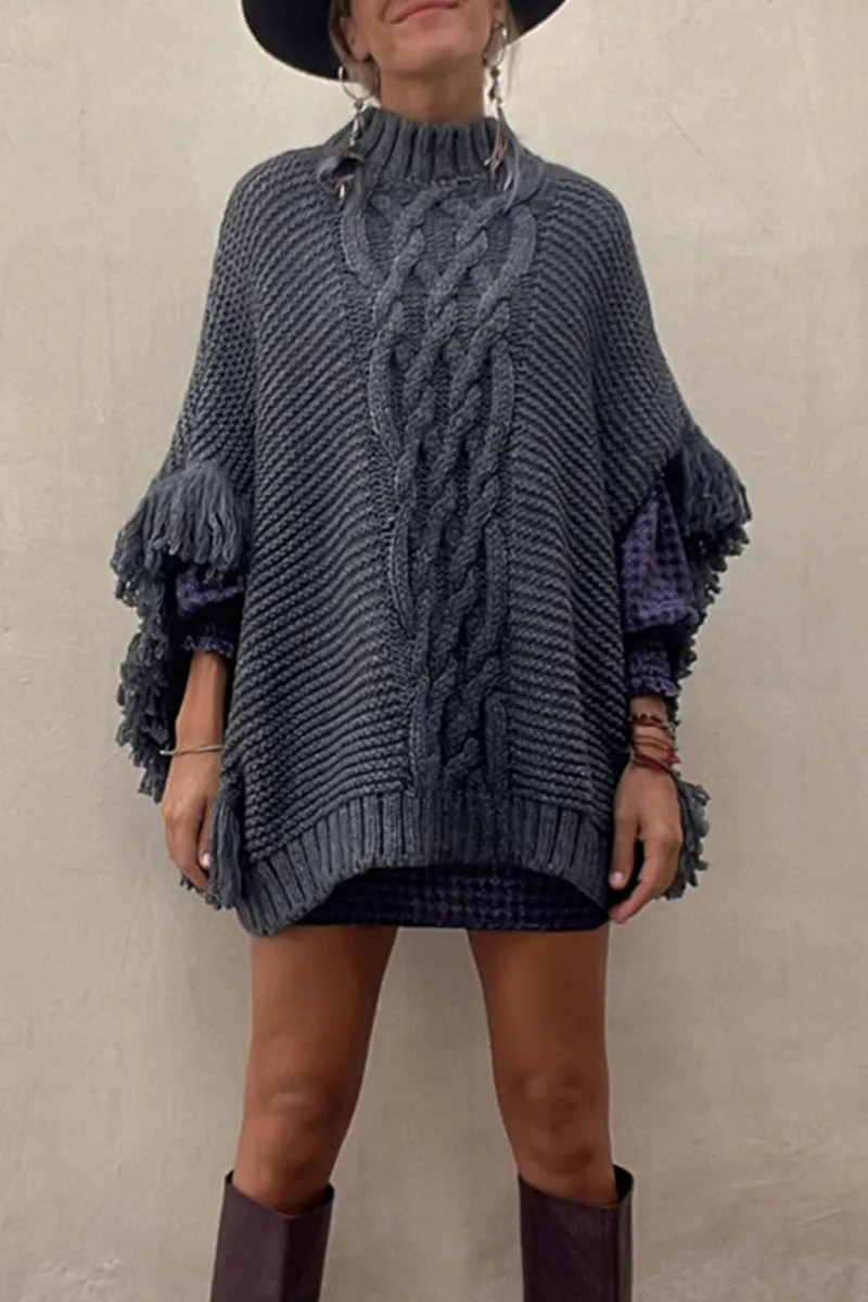 Verónica | Casual outerwear with solid color tassel patchwork and O-neck - Image 2
