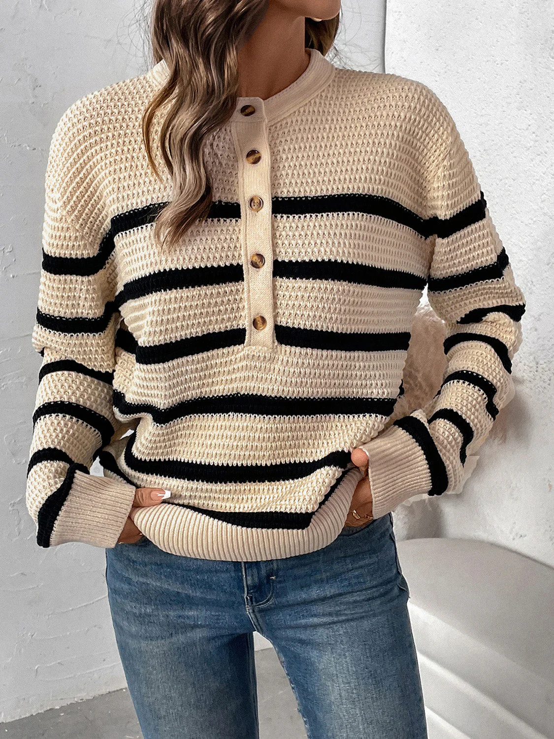 Verónica | Perfee striped long sleeve sweater with half buttons - Image 3