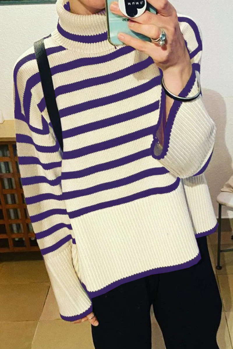 Vilma | Casual striped asymmetrical turtleneck tops with slit - Image 10