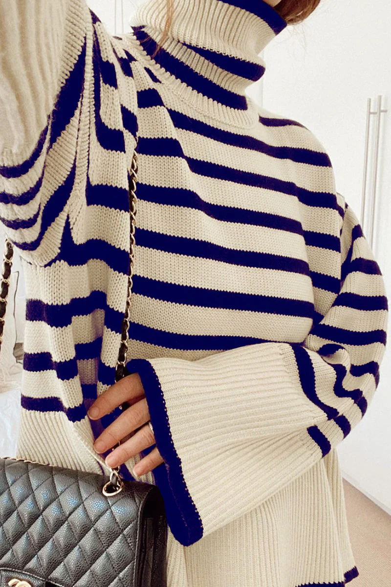 Vilma | Casual striped asymmetrical turtleneck tops with slit - Image 11