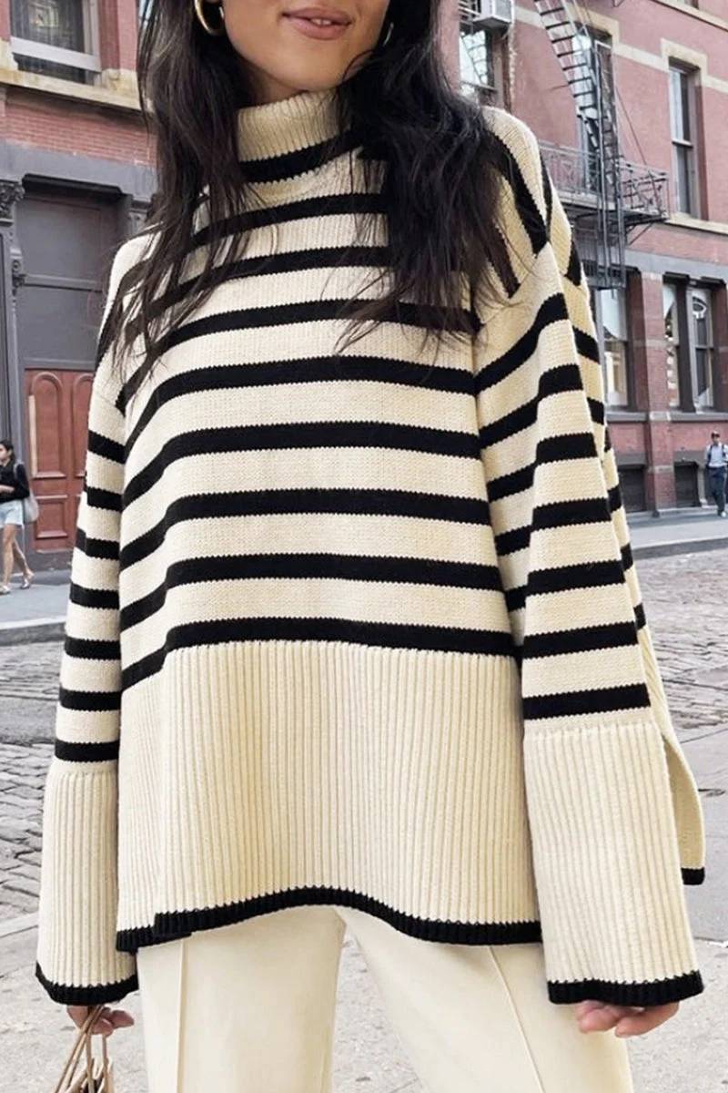 Vilma | Casual striped asymmetrical turtleneck tops with slit - Image 12