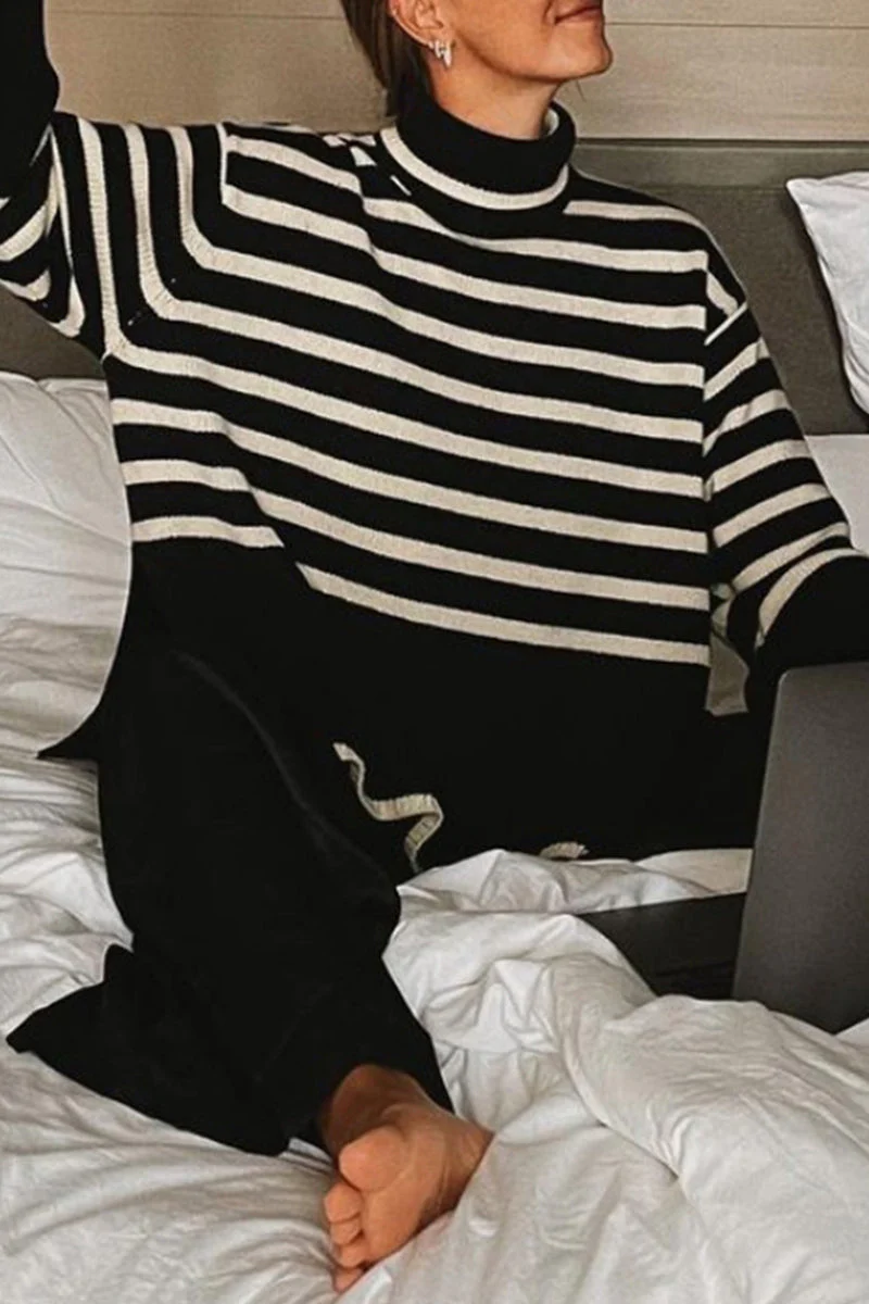 Vilma | Casual striped asymmetrical turtleneck tops with slit - Image 2