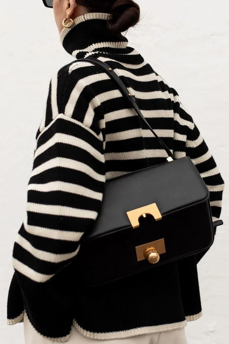 Vilma | Casual striped asymmetrical turtleneck tops with slit - Image 5