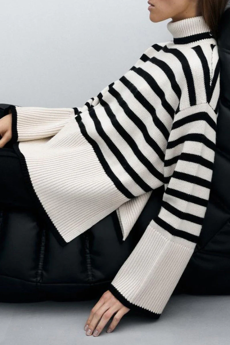 Vilma | Casual striped asymmetrical turtleneck tops with slit - Image 7