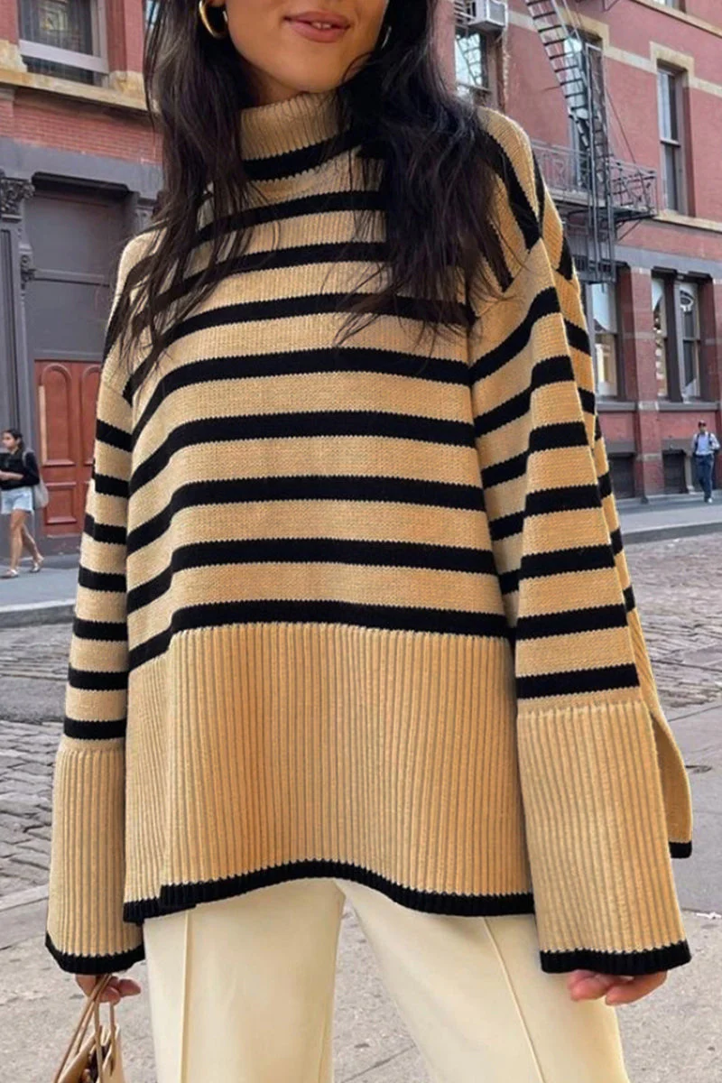 Vilma | Casual striped asymmetrical turtleneck tops with slit - Image 8