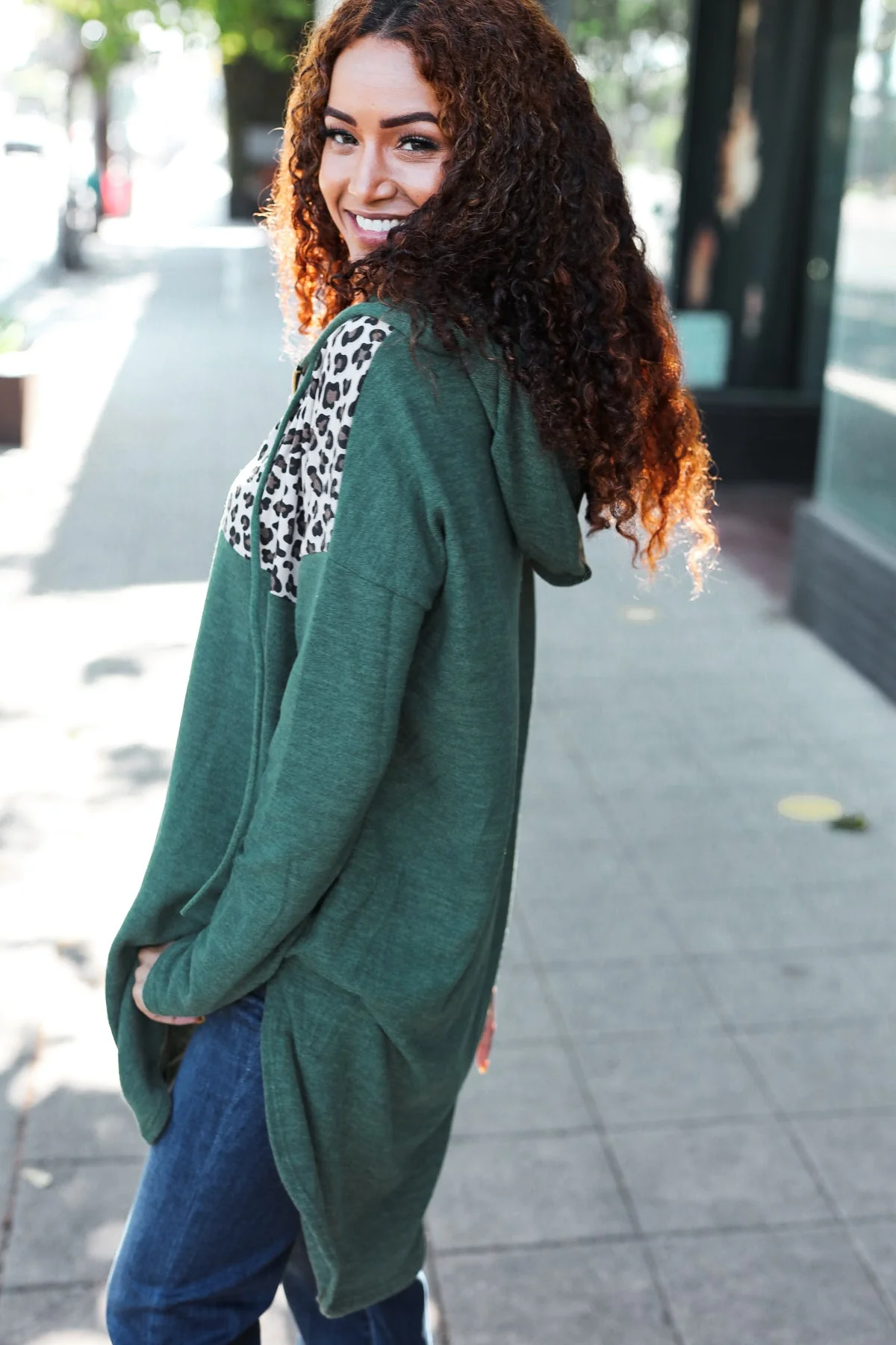 Viola | Diva Dreams Longline half zip hoodie in olive leopard print - Image 2