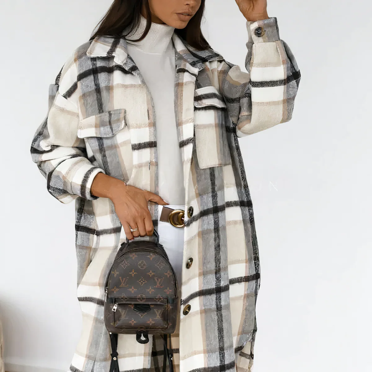 Viola | Long winter coat with checked print - Image 3