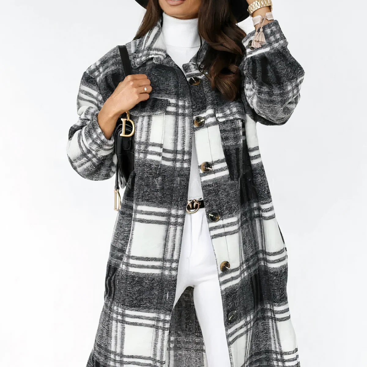 Viola | Long winter coat with checked print - Image 4