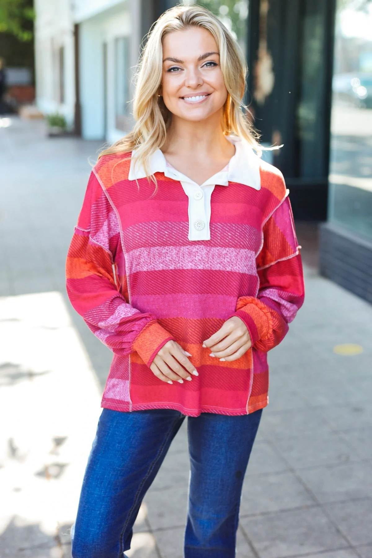 Vittoria | Be Bold Magenta striped button down collar top - Image 12