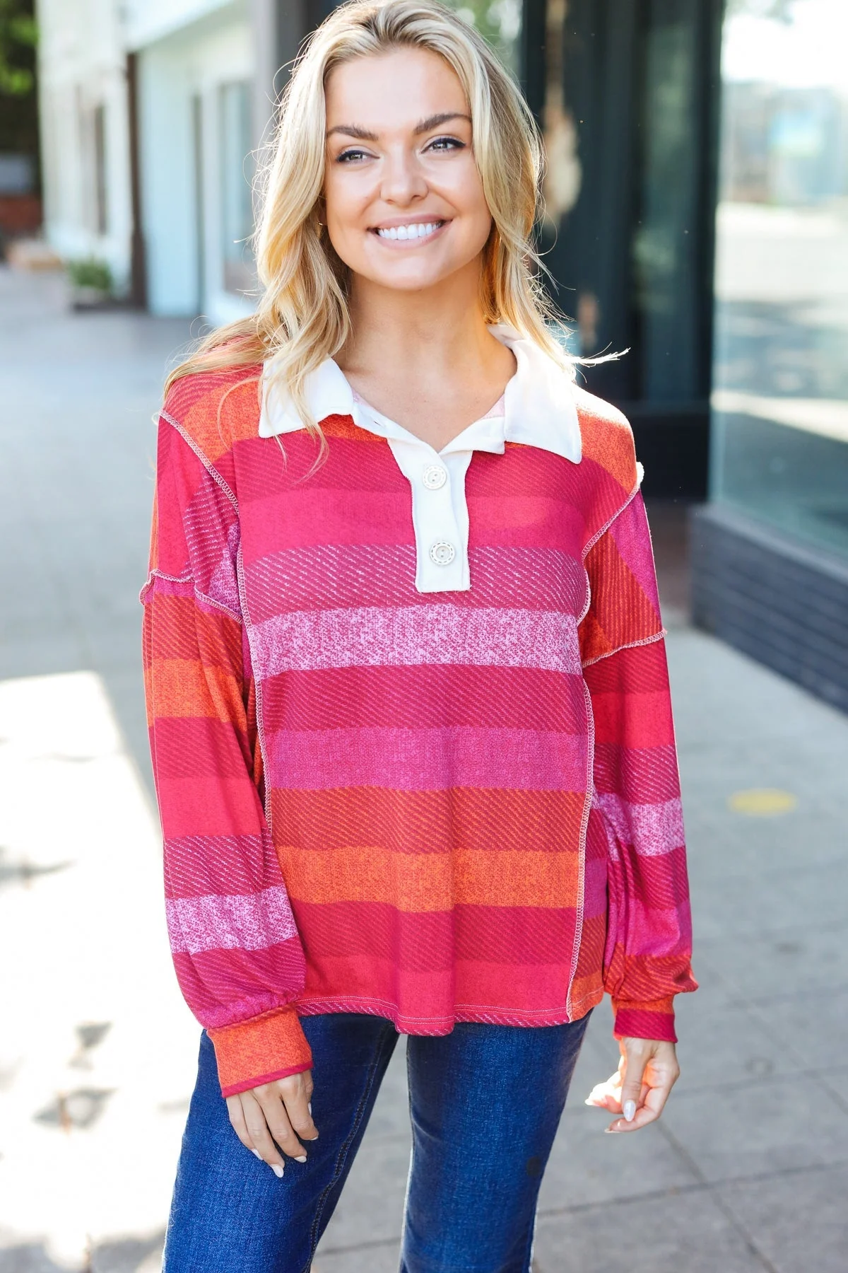 Vittoria | Be Bold Magenta striped button down collar top - Image 14