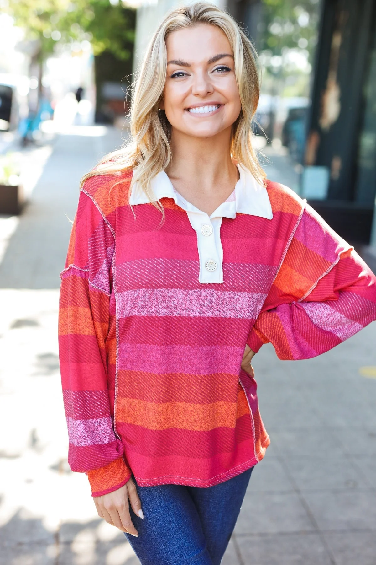 Vittoria | Be Bold Magenta striped button down collar top - Image 16