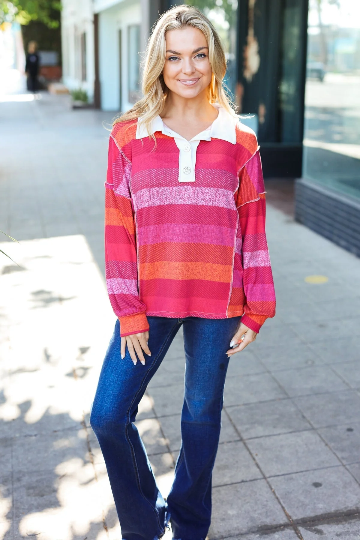 Vittoria | Be Bold Magenta striped button down collar top - Image 17