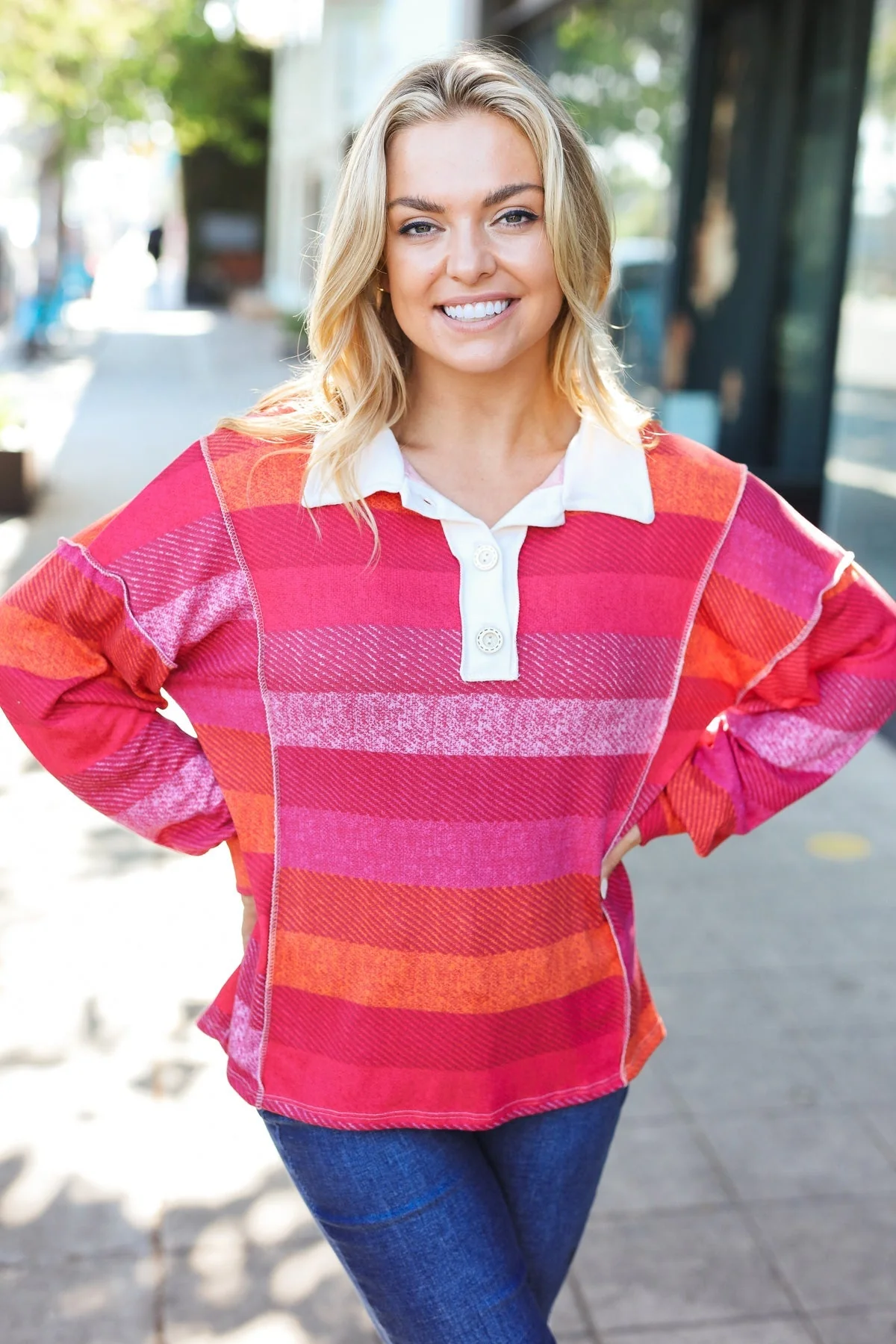 Vittoria | Be Bold Magenta striped button down collar top - Image 2
