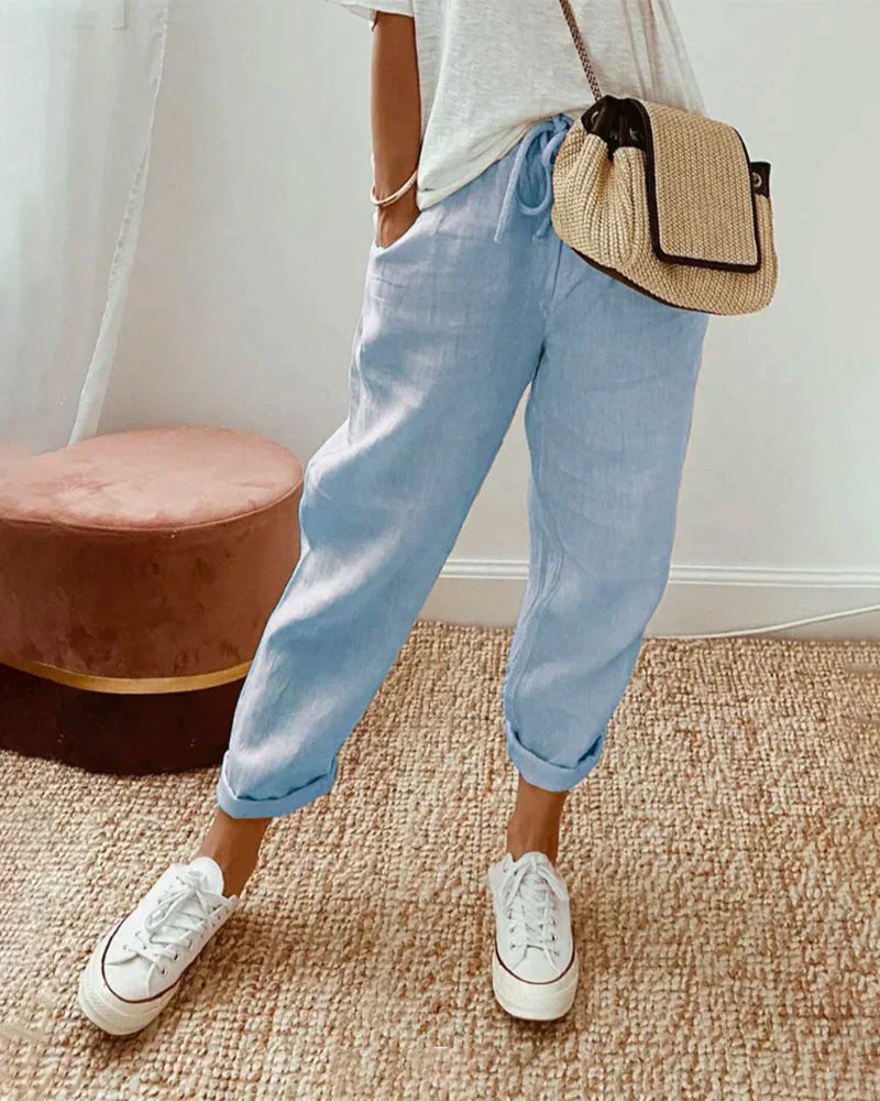 Waleska® | Plain Cotton And Linen Trousers - Image 4