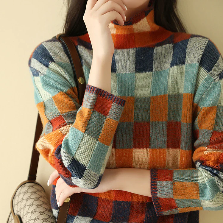 Wanda | Colorful turtleneck sweater with patchwork knit pattern - Image 2