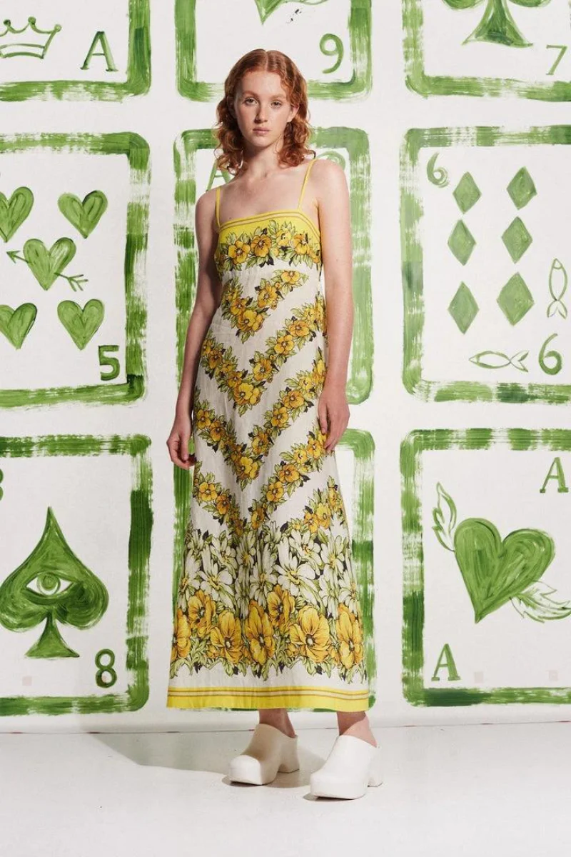 Wilhelmina® | Yellow Spaghetti Strap Maxi Dress With Floral Print - Image 4