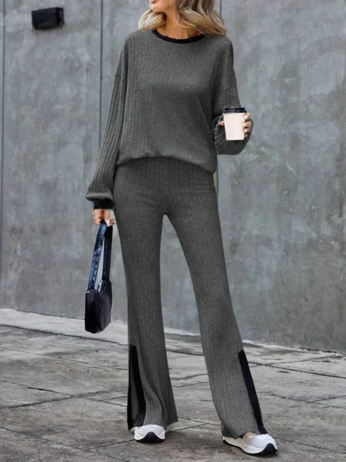Wilma | Contrast crew neck long sleeve top and bootcut trousers set - Image 10