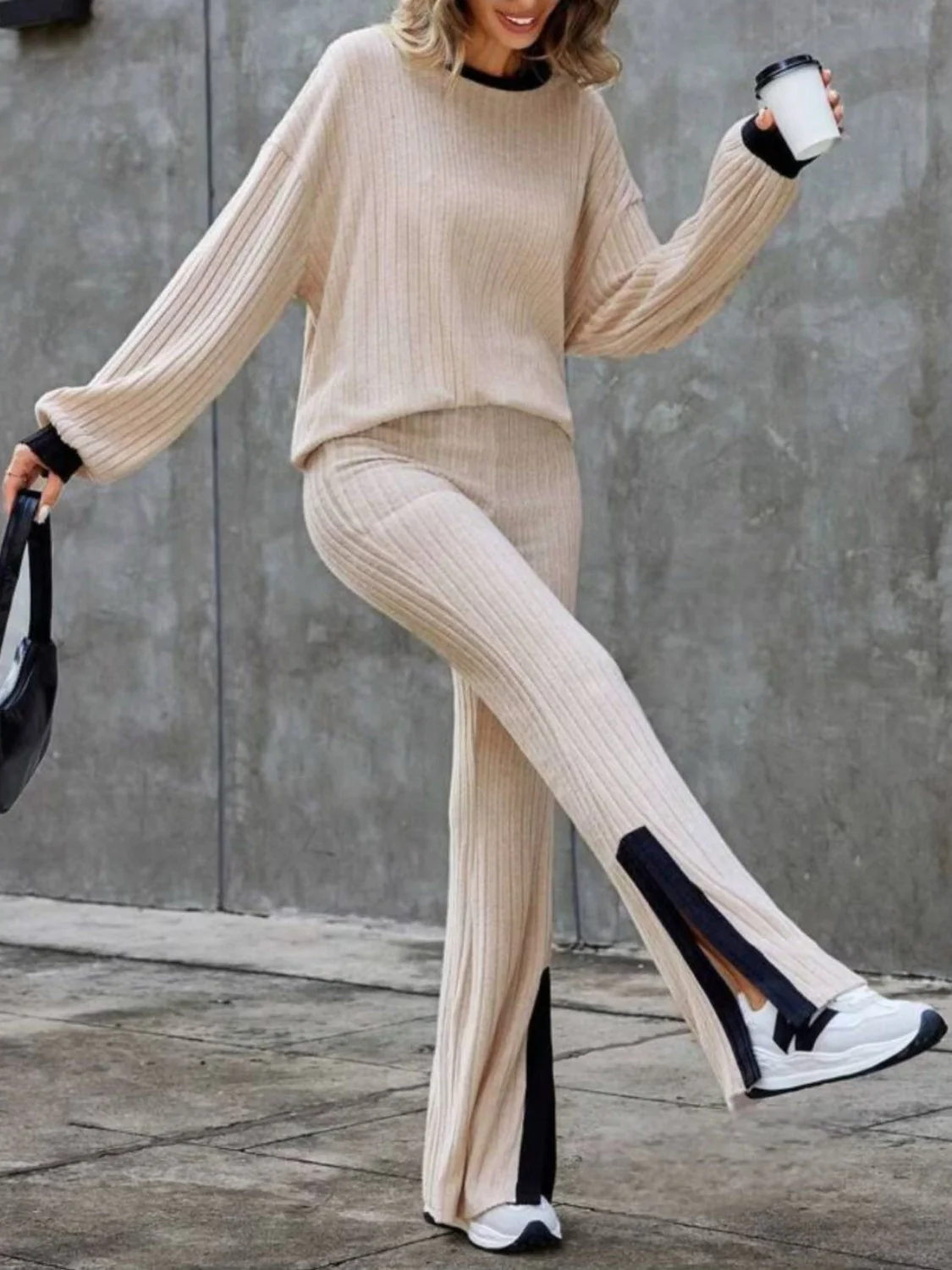 Wilma | Contrast crew neck long sleeve top and bootcut trousers set - Image 3